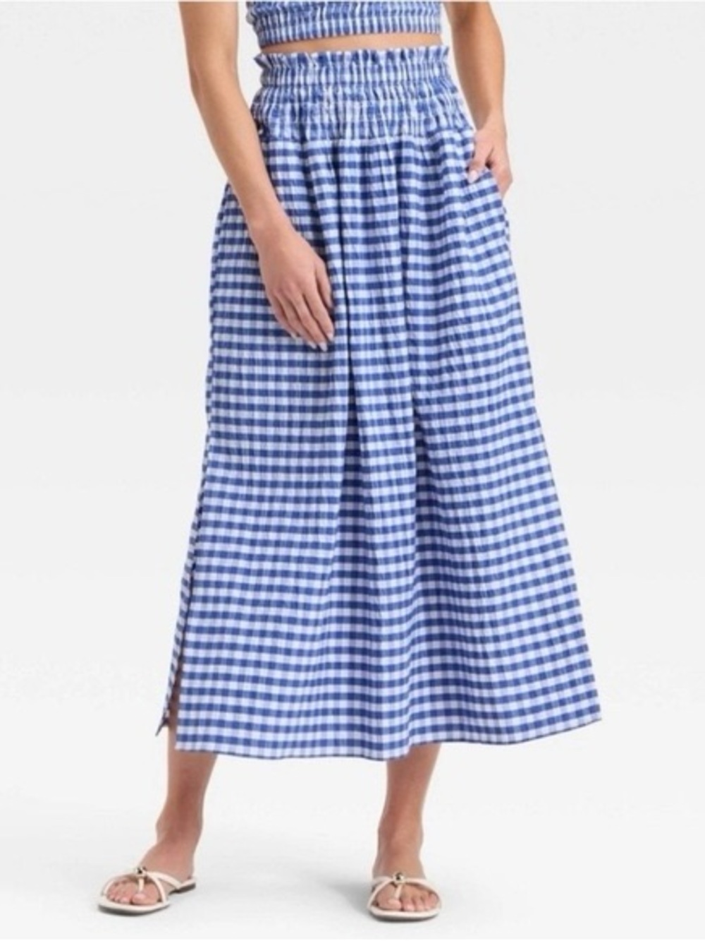 Universal Thread Blue and White Gingham Midi Skirt with Smocked Waist